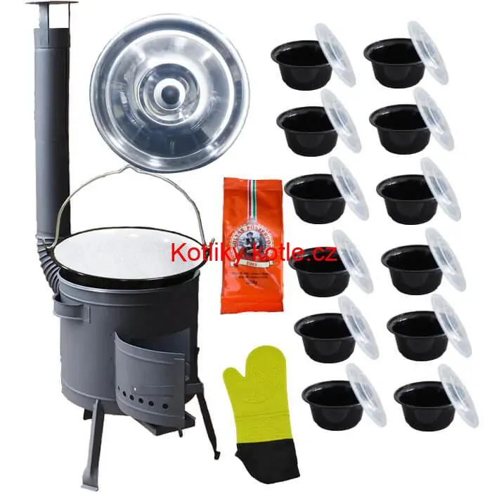 Smaltovaný kotlík 22 L (1,2 mm) + misky 12 ks + nízká žáruvzdorná kotlina (1,5 mm) 42 PLUS 600