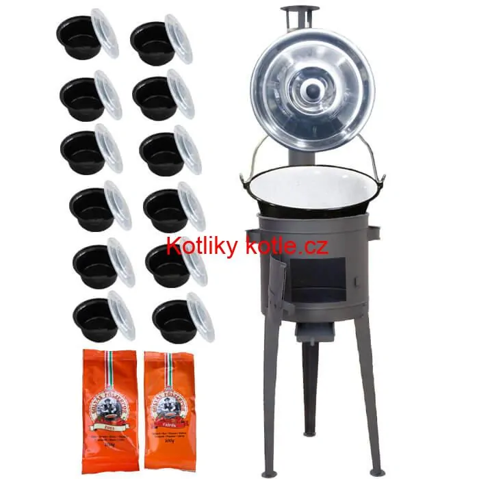 Smaltovaný kotlík 22 L (1,2 mm) + vysoká žáruvzdorná kotlina 42 cm PLUS 600 + misky 12 ks + 2 x pepř na guláš 100 g