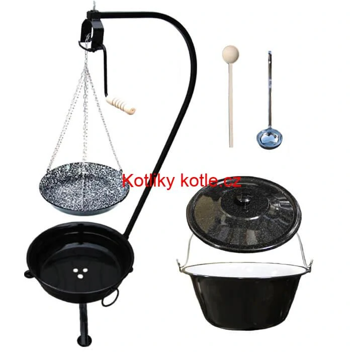 Smaltovaný kotlík 20 L + smaltovaná pánev a prenosne ohniště