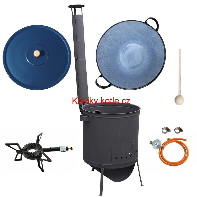 Smaltovaný kotel 70 L na zabijačku + žáruvzdorná kotlina 53 PLUS 600 4 MM + hořák 7,5 kW + vařečka