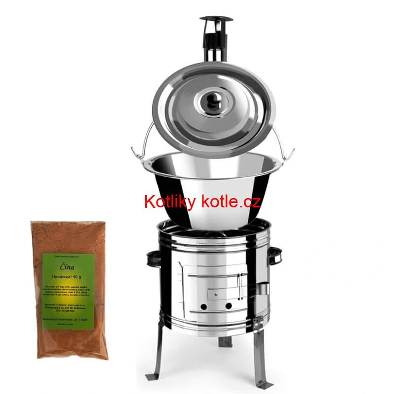 Nerezový kotlík 10 L (0,8 mm) + nerezová kotlina 31 INOX + Wok + koření 50 g