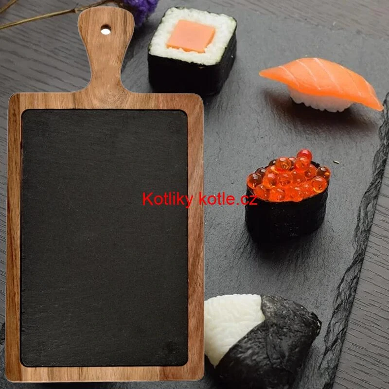 Servírovací podnos s břidlicovou deskou a rukojetí z akáciového dřeva 26 x 18 cm