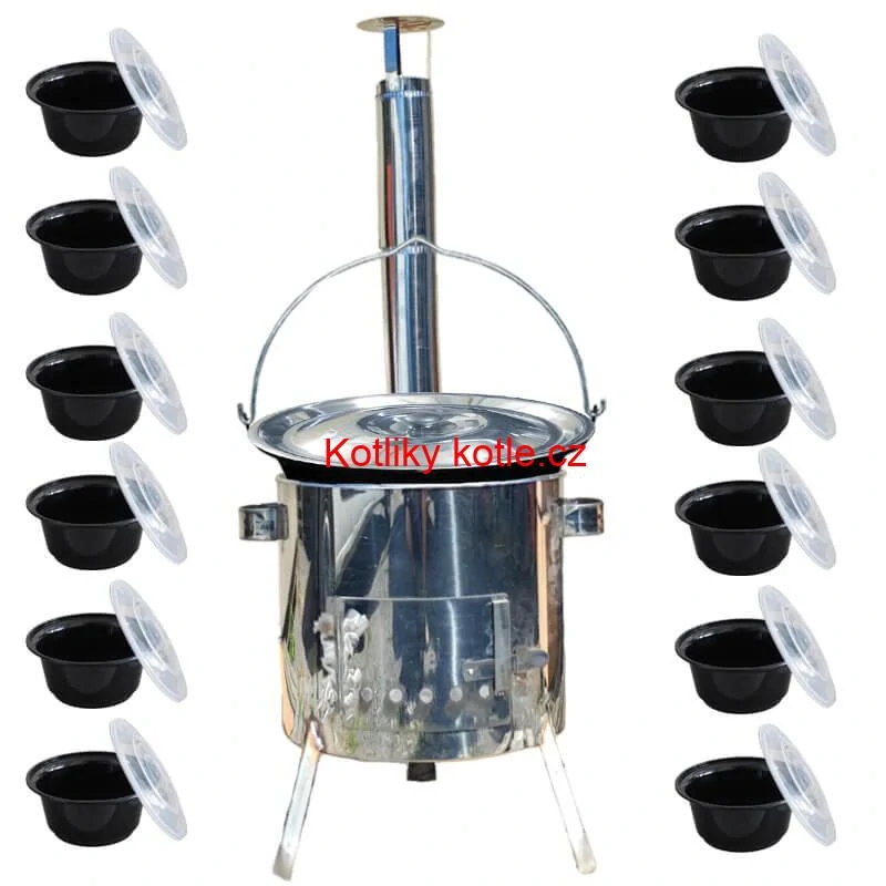 Smaltovaný kotlík 13 L + nerezová kotlina 36 INOX LUSTRO + misky 12 ks