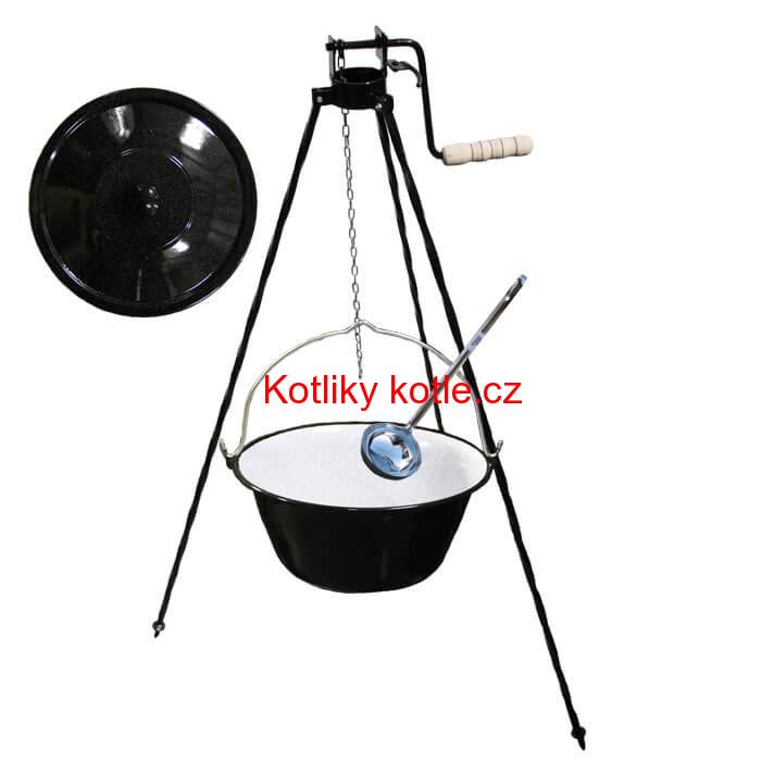 Smaltovaný kotlík 30 L + poklice + stojan s kladkou VAR