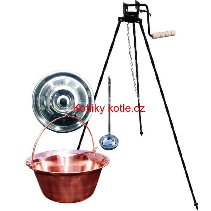 Měděný kotlík 10 L (1,2 mm) + poklice + stojan s kladkou VAR