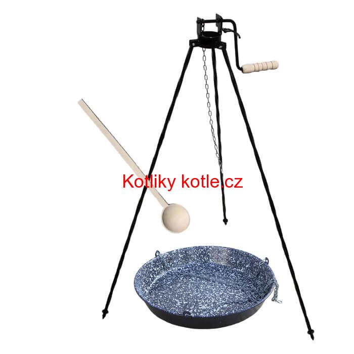Smaltovaná pánev s řetízkem 42cm + trojnožka s pojistnou kladkou a vařečka GRILL