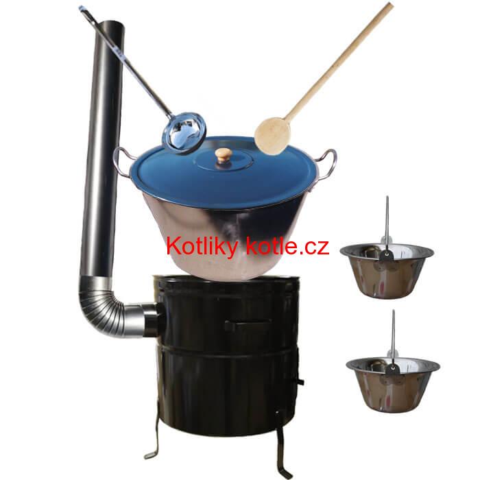 Zabijačkový nerezový kotel 80 L, kovová kotlina 58 cm, smaltovaná poklice + 2 servírovací nerezové kotlíky zdarma