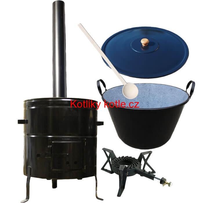 Zabijačkový smaltovaný kotel 80 L + kovová kotlina 58 cm + hořák 7 kW a  kouřovod