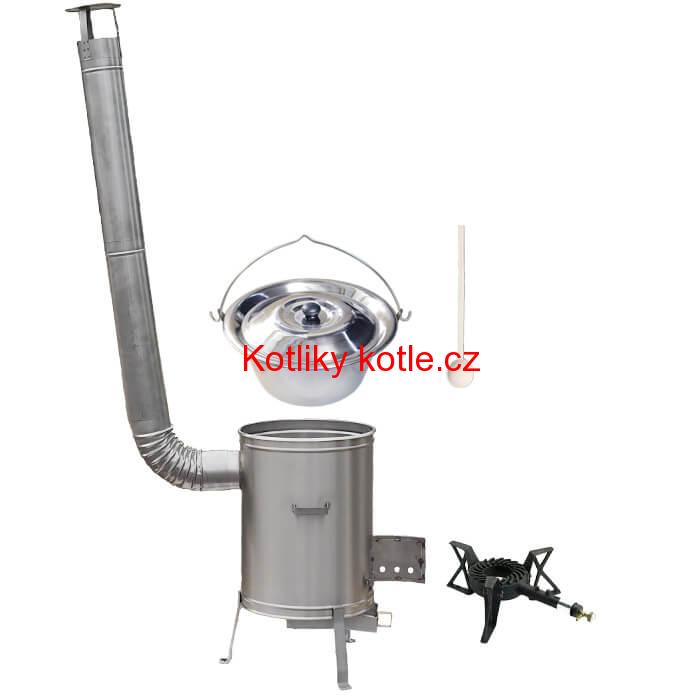 Nerezový kotlík 10 L (1,2 mm) + nerezová kotlina 36 cm + litinový hořák 7 kW, vařečka LUX