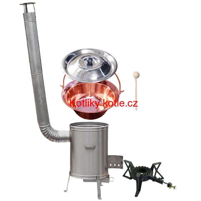 Měděný kotlík 10 L (1,2 mm) + nerezová kotlina 36 cm + litinový hořák 7 kW, vařečka LUX