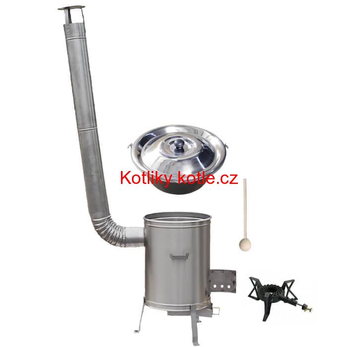 Nerezový kotlík 15 L (1,5 mm) + nerezová kotlina 36 cm + litinový hořák 7 kW, vařečka LUX