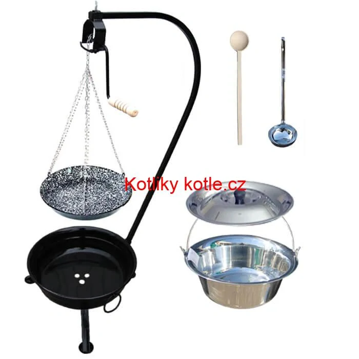 Nerezový kotlík 20 L (1,2 mm) INOX + smaltovaná pánev + ohniště se stojanem as pojistnou kladkou VAR