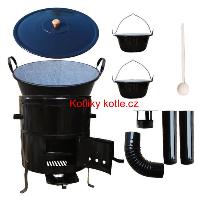 Zabijačkový smaltovaný kotel 80 L + kovová kotlina 58 cm + 2 servírovací kotlíky  a kouřovod