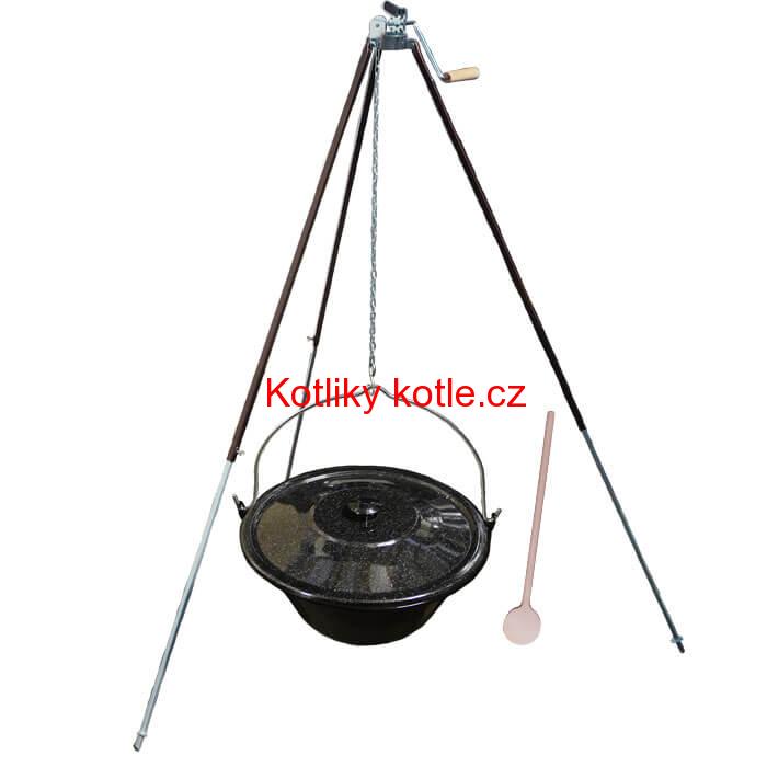 Smaltovaný kotlík 30 L (1,2 mm) + teleskopická trojnožka s pojistnou kladkou + poklice