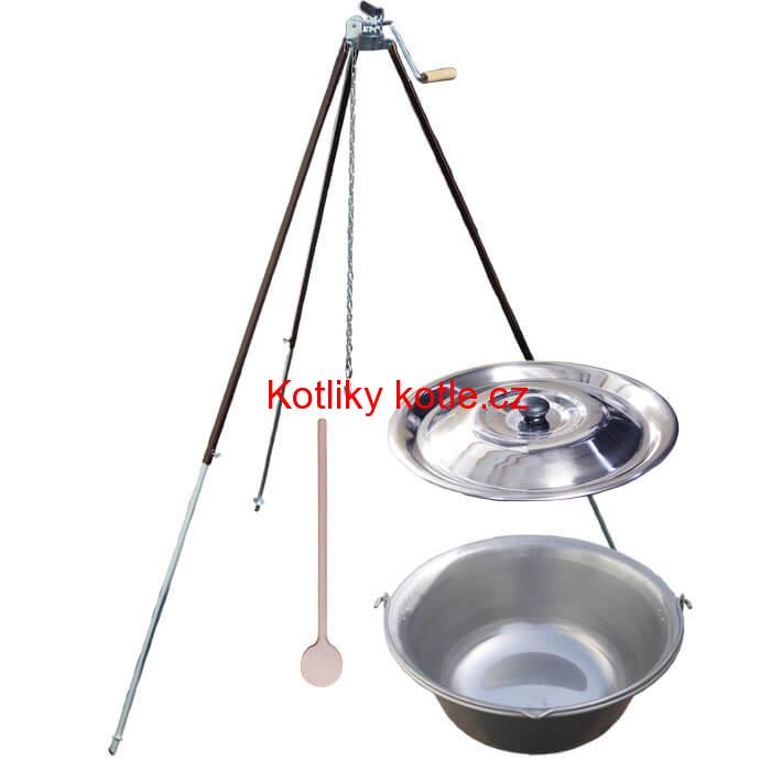 Nerezový kotlík 15 L (1,5 mm) + teleskopická trojnožka s pojistnou kladkou + poklice