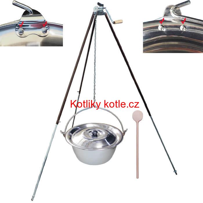 Nerezový kotlík 20 L (0,8 mm) s nýty + teleskopická trojnožka s pojistnou kladkou + poklice