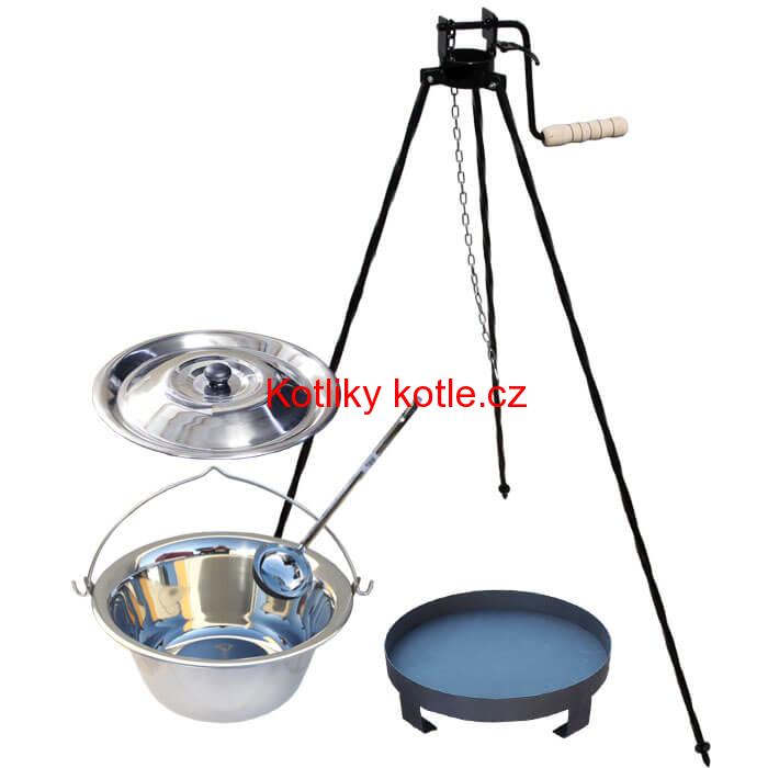 Nerezový kotlík 14 L (0,8 mm) + Ohniště + stojan s kladkou VAR