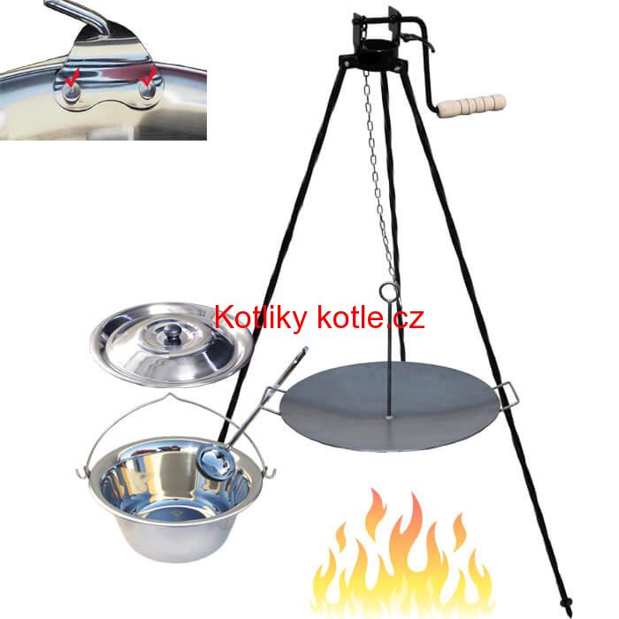 Nerezový kotlík 15 L (0,8 mm) s nýty + pánev na grilování a stojan s kladkou VAR