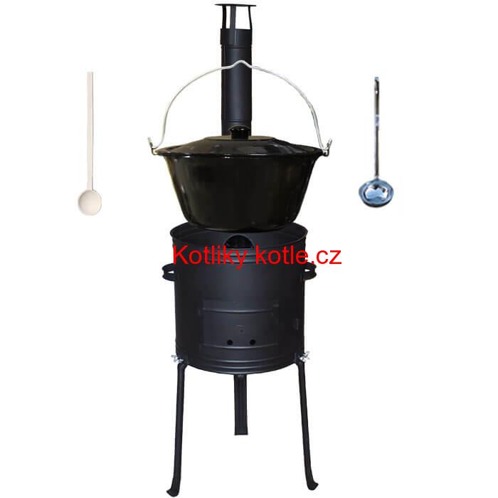 Smaltovaný kotlík 20 L + kovová kotlina s vysokými nožičkami 42 cm, žáruvzdorná barva Plus 700 + vařečka a naběračka