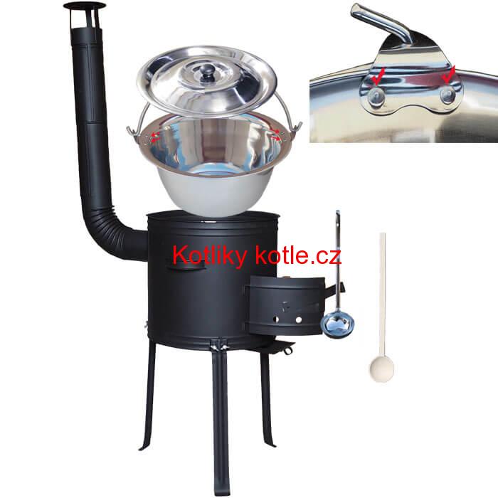 Nerezový kotlík 15 L (0,8 mm) zesílený s nýty + kovová kotlina s vysokými nožičkami 36 cm, žáruvzdorná barva Plus 700 + vařečka a naběračka