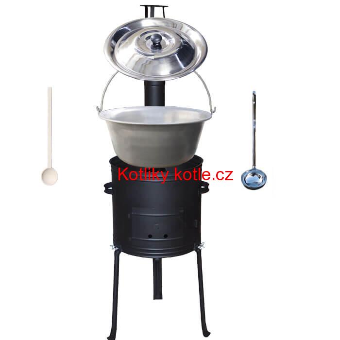 Nerezový kotlík 15 L (1,5 mm) + kovová kotlina s vysokými nožičkami 36 cm, žáruvzdorná barva Plus 700 + vařečka a naběračka