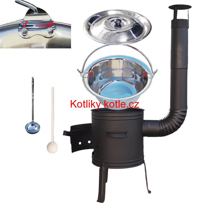 Nerezový kotlík 10 L (0,8 mm) s nýty + nízká žáruvzdorná kotlina 33 cm PLUS 700 + vařečka a naběračka