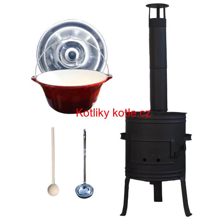 Litinový kotlík 10 L se smaltovanou úpravou + nízká žáruvzdorná kotlina 33 cm PLUS 700 + vařečka a naběračka