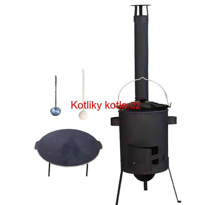 Smaltovaný kotlík 20 L + Litinová pánev 45 cm + žáruvzdorná kotlina 42 PLUS 600 s roštem na popel 4 mm