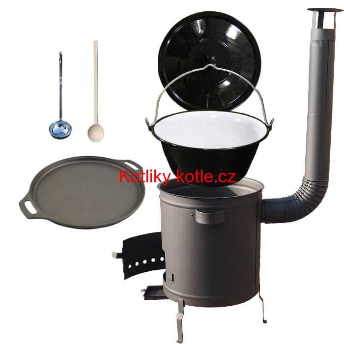 Smaltovaný kotlík 20 L (1,2 mm) + Litinová pánev 43 cm + silnostěnná (1,5 mm) a žáruvzdorná kotlina 42 PLUS 600