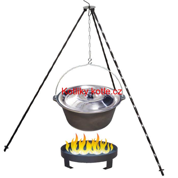 Litinový kotlík 10,8 L + nerezová poklice  + trojnožka 1,2 m + ohniště 36 cm