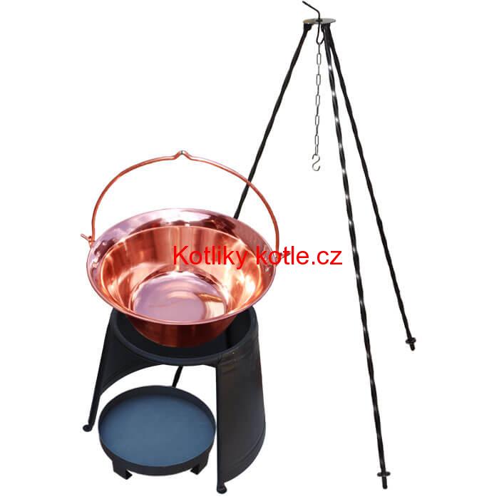 Měděný kotlík 10 L (1,2 mm) + chránič plamene 37 cm + ohniště 36 cm + trojnožka 1,2 m