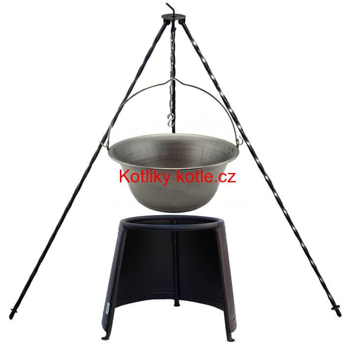 Železný kotlík 6 L (0,75 mm) + chránič plamene 32 cm + trojnožka 1,2 m