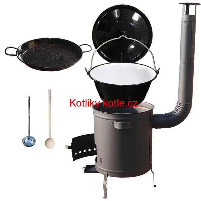 Smaltovaný kotlík 13 L (1,2 mm) + Paella pánev 38 cm + silnostěnná (1,5 mm) žáruvzdorná kotlina (1,5 mm) 36 PLUS 600