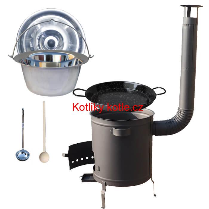 Nerezový kotlík 14 L (0,8 mm) + Paella pánev 38 cm + silnostěnná (1,5 mm) žáruvzdorná kotlina (1,5 mm) 36 PLUS 600