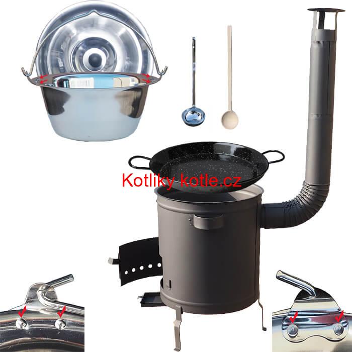Nerezový kotlík 15 L (0,8 mm) zesílený s nýty + Paella pánev 38 cm + silnostěnná (1,5 mm) žáruvzdorná kotlina 36 PLUS 600