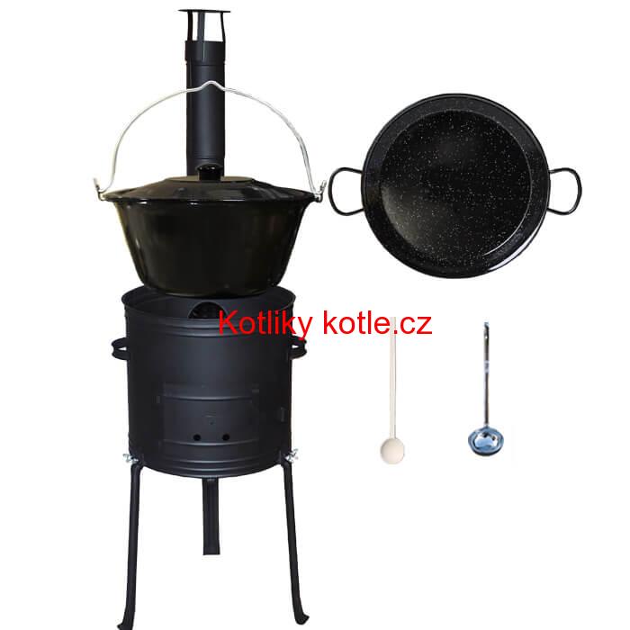 Smaltovaný kotlík 20 L + Paella pánev 46 cm + kovová kotlina s vysokými nožičkami 42 cm, žáruvzdorná barva Plus 700