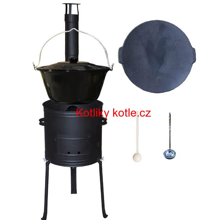 Smaltovaný kotlík 25 L + Litinová pánev 45 cm + kovová kotlina s vysokými nožičkami 42 cm, žáruvzdorná barva Plus 700