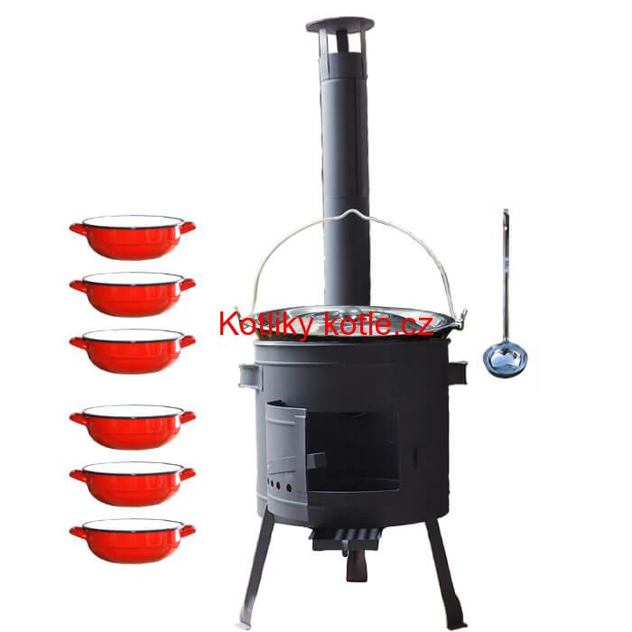 Smaltovaný kotlík 25 L + selské misky 6 ks + nízká žáruvzdorná kotlina 42 cm PLUS 600