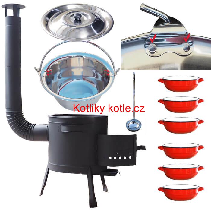 Nerezový kotlík 15 L (0,8 mm) s nýty INOX + selské misky 6 ks + nízká žáruvzdorná kotlina 36 cm PLUS 600
