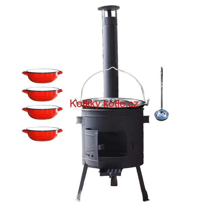Smaltovaný kotlík 30 L + selské misky 4 ks + nízká žáruvzdorná kotlina 45 cm PLUS 600