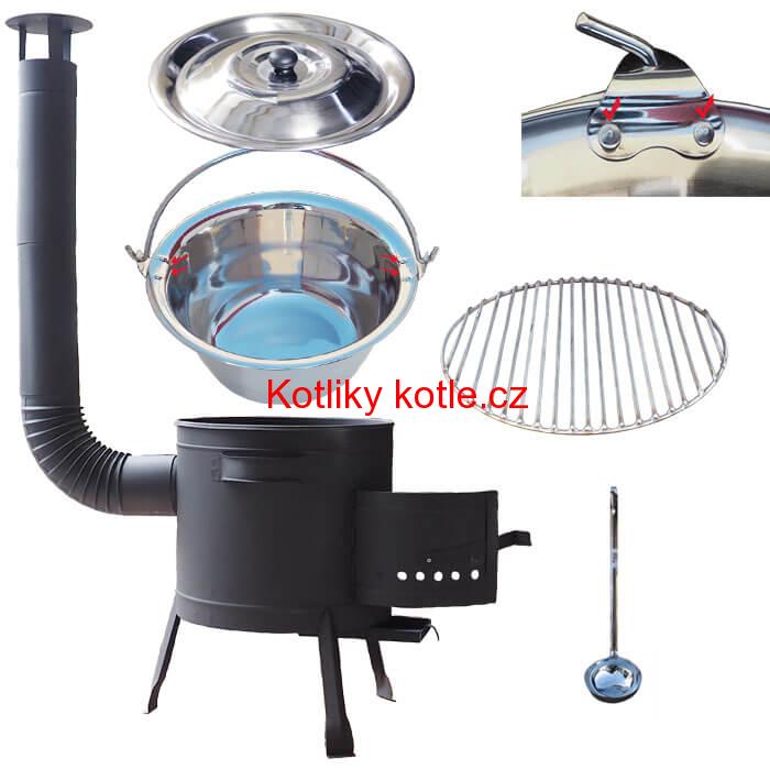 Nerezový kotlík 20 L (0,8 mm) s nýty INOX + Nerezový rošt 45 cm + nízká žáruvzdorná kotlina 42 cm PLUS 600