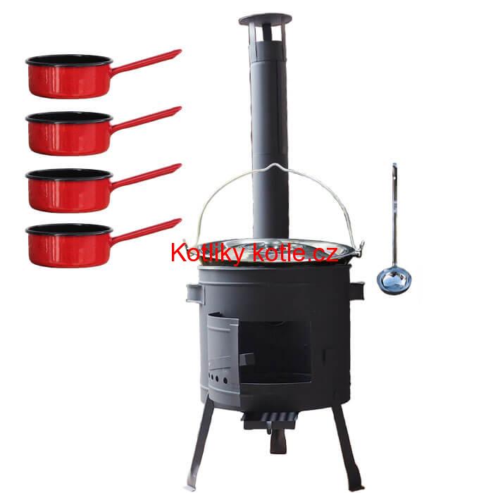 Smaltovaný kotlík 30 L + smaltovaný rendlík 4 ks + nízká žáruvzdorná kotlina 45 cm PLUS 600