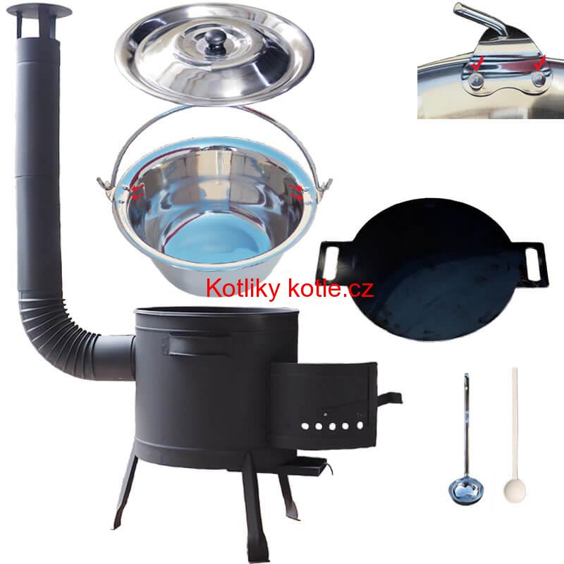 Nerezový kotlík 15 L (0,8 mm) s nýty + železná pánev 38 cm UNI + kotlina 36 cm PLUS 600