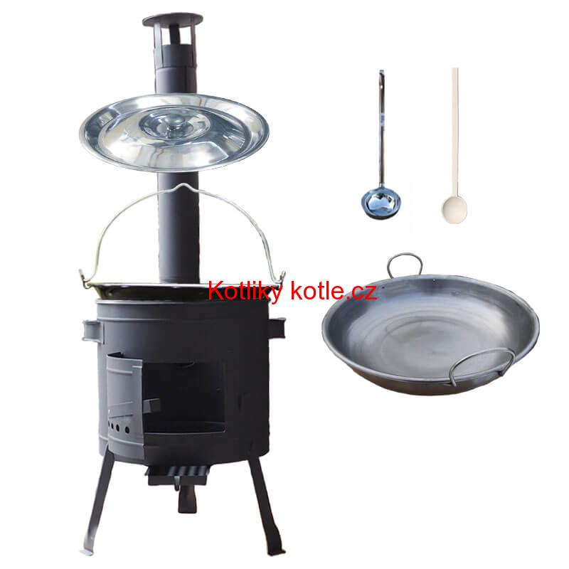 Smaltovaný kotlík 30 L (1,2 mm) + železná pánev 46 cm WOK + nízká žáruvzdorná kotlina 42 cm PLUS 600
