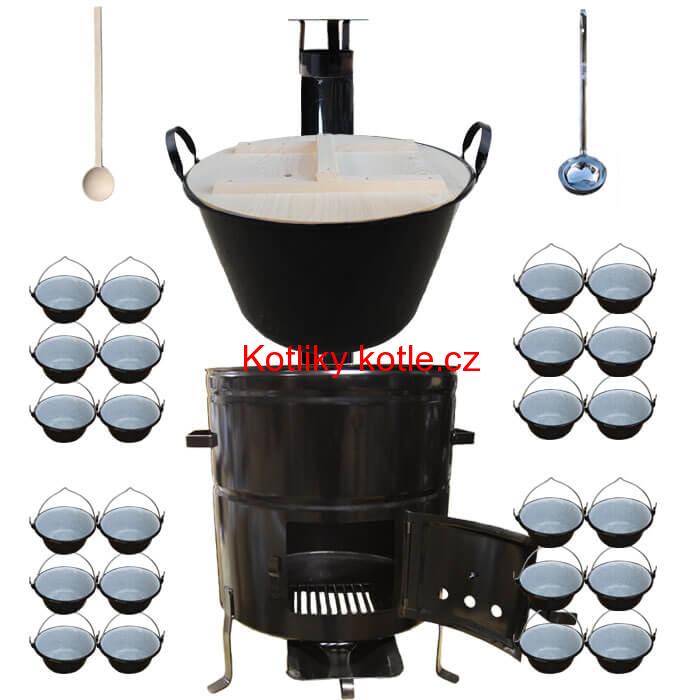 Smaltovaný kotel 100 L + servírovací kotlíky (24 ks) + vařečka a naběračka BIG PARTY