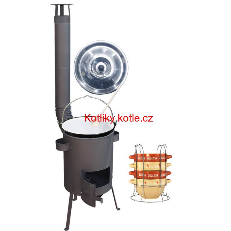Smaltovaný kotlík 22 L (1,2 mm) + misky na guláš 4 ks + žáruvzdorná kotlina 42 PLUS 600 4 MM