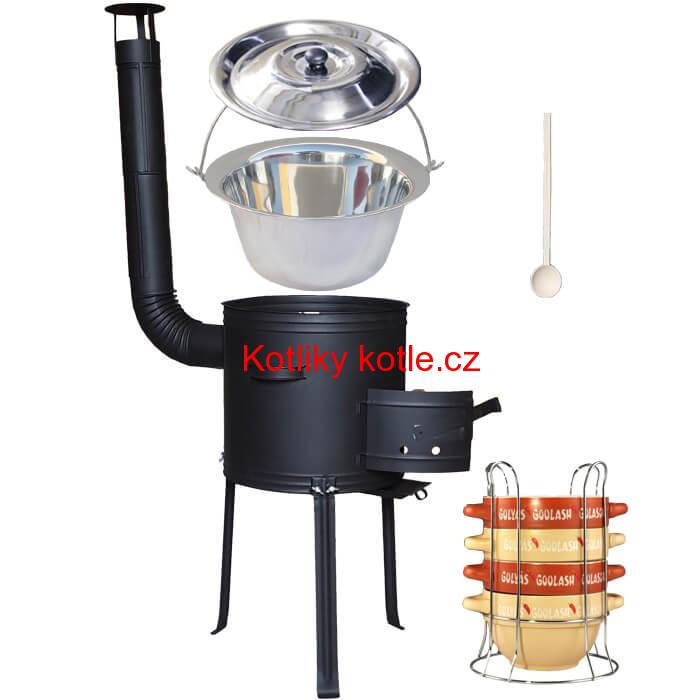 Nerezový kotlík 22 L (0,8 mm) INOX + misky na guláš 4 ks + nízká žáruvzdorná kotlina 42 PLUS 700