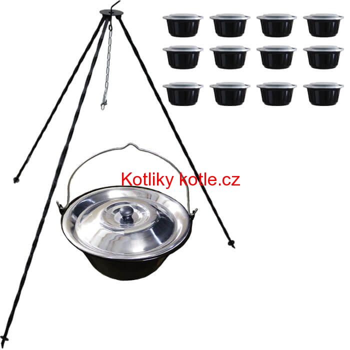 Smaltovaný kotlík 13 L (1,2 mm) + nerezová poklice + trojnožka 1,20 m + misky 12 ks
