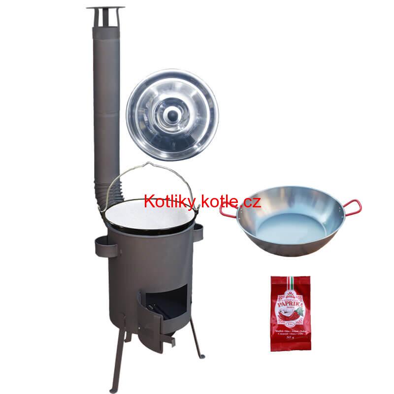 Smaltovaný kotlík 22 L + Pánev PAELLA (WOK) 45 cm + sladká paprika 50 g + žáruvzdorná kotlina 42 PLUS 600 s roštem na popel 4 mm