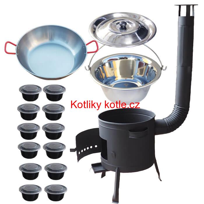 Nerezový kotlík 22 L (0,8 mm) INOX + Pánev PAELLA (WOK) 45 cm + misky 12 ks + nízká kotlina 42 PLUS 600
